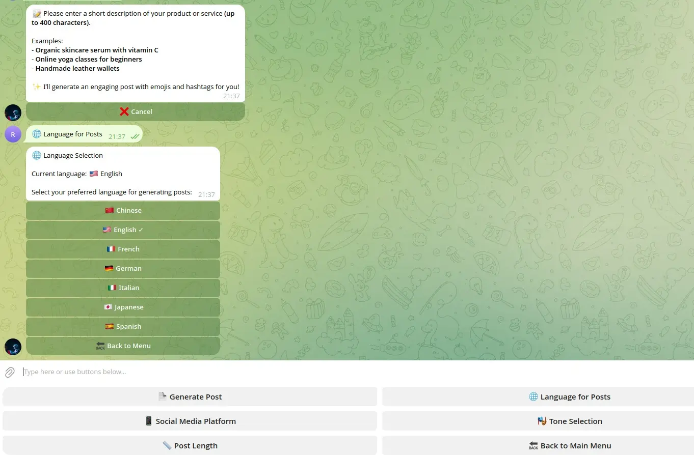 Smart Post Generator Telegram bot interface